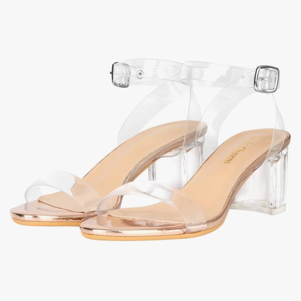 HEELS CHARM Strappy Clear Chunky Clear Block Heel Sandal Size